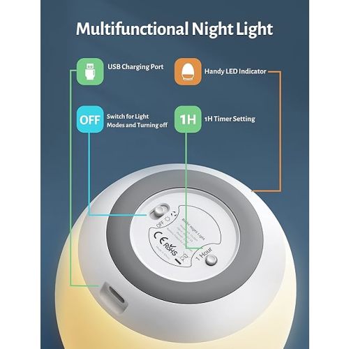 Night Light for Kids, Baby Egg Light with 7 Colors Changing Mode & Stepless Dimming, Nursery Night Lamp BPA Free,Rechargeable Egg Night Light for Breastfeeding 1h Timer & Touch Control