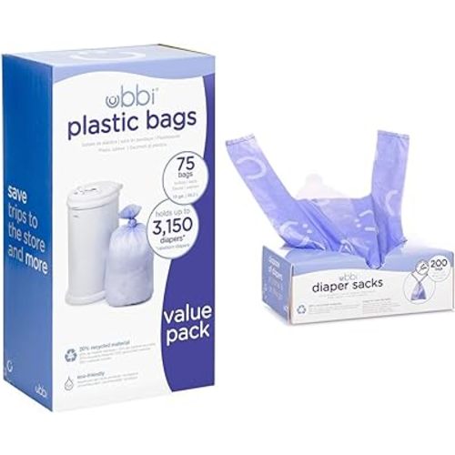 Ubbi Disposable Diaper Pail Plastic Bags, Value Pack, 75 Count, 13-Gallon Bags & Disposable Diaper Sacks, Lavender Scented, Easy-To-Tie Tabs, Diaper Disposal or Pet Waste Bags, 200 Count