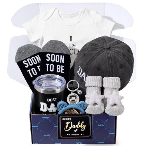 New Dad Gifts, 9 Pcs First Time Father’s Day Box, Birthday Gifts for Men with Tumbler Hat Onesie Socks Keychain Thanks Card Gift Box, Best Gifts for Dad Birthday from Daughter Son