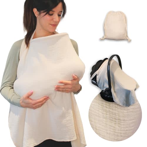 Kidymom Muslin Cotton Nursing Cover – Breathable & Soft with Removable Hoop, Arch Neckline for Easy Breastfeeding, Versatile Cover for Nursing, Stroller & Car Seat (Vanilla)