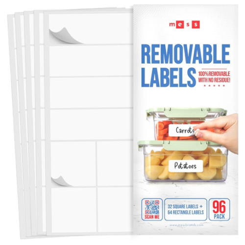 MESS Food Labels for Containers - Removable Labels for Kitchens (96-Pack) Erasable Labels for Organizing - Food Labels for Containers - Freezer and Fridge White Dry Erase Labels - Labels for Jars