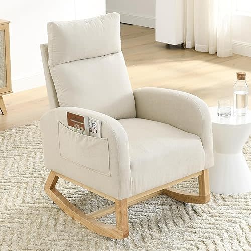 NIOIIKIT Modern Nursery Rocking Chair, Linen Upholstered Glider Chair with High Back and Side Pocket, Comfy Accent Armchair with Wood Legs, Recliner Chair for Living Room (Beige)