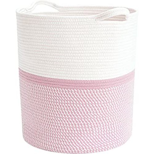 INDRESSME Cotton Basket 17¾ x 15¾ x 13¾ inches Woven Hamper Pink Girl Basket for Gift Toy Blanket Corner Basket in living Room