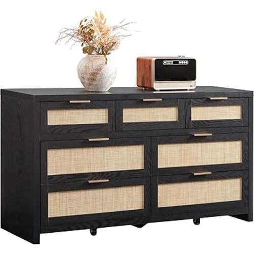 SICOTAS 7 Drawer Dresser for Bedroom, 57" Wide Rattan Dressers, Large Chest of Drawers for Bedroom, Dresser TV Stand, Boho Closet Organizer (Black Oak, 7 Drawers (1 pc))