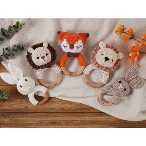 Personalized Animal Crochet Rattle,Custom Wooden Baby Rattle,Engraved Crochet Toy Rattle With Name For Baby,Baby Shower Gift,Newborn Gift