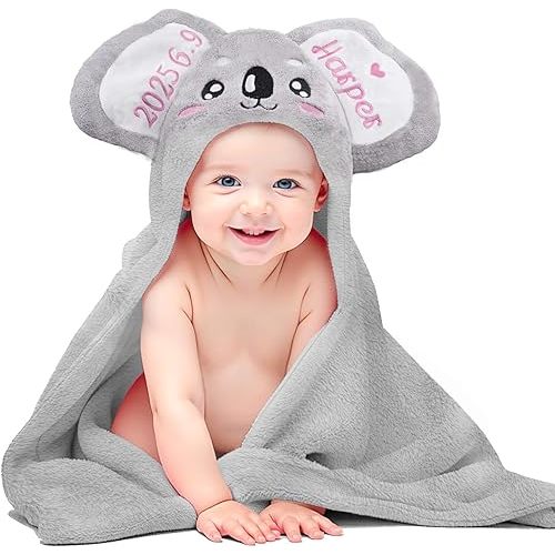 Custom Hooded Baby Towel with Name, Soft and Absorbent Customized Koala Toddler Towels, Baby Bath Towel for Boys and Girls, Easter Birthday Towel for Kids,Babies, Toddlers, Newborns Essential