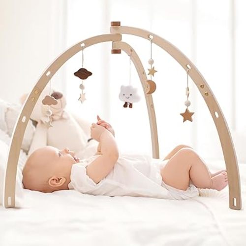 Baby Play Gym Wooden Infant Activity Gym with 5 Detachable Toys, Stage-Based Developmental Activity Gym Baby to Toddler, Newborn Baby Gift for Boys and Girls