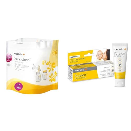 Medela Quick Clean MicroSteam Bags, Sterilizing Bags & Purelan Lanolin Nipple Cream for Breastfeeding, Eliminates 99.9% Bacteria, Hypoallergenic, 12 Pack & 1.3 Ounce