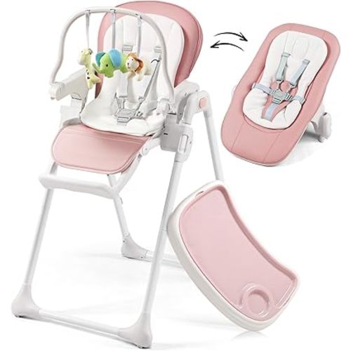 3-in-1 Convertible Baby High Chair, 6 Height & 3 Recline Adjustable High Chairs for Babies and Toddlers, Foldable High Chair with 3 Detachable Toys, Built-in Rear Wheels, Removable Seat & Tray, Taupe