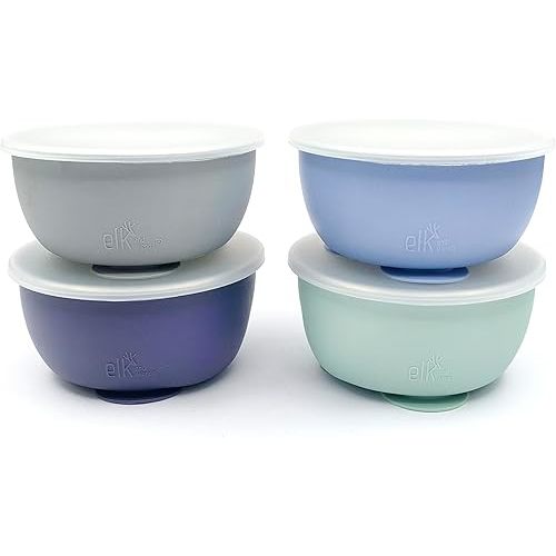 Elk and Friends Stainless Steel Bowls with Silicone Sleeve for Babies & Toddlers | Lids Included | Stay Put Suction | Cereal & Snack Bowls | 4 Pack