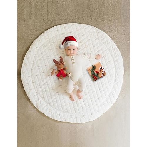 Poppyseed Play Baby Play Mat, Extra-Thick & Extra-Large Round Floor Pad, Designed for Tummy Time, Crawling, & Baby Activity Gyms, Foldable & Portable (Neutral Line, 43" Round)