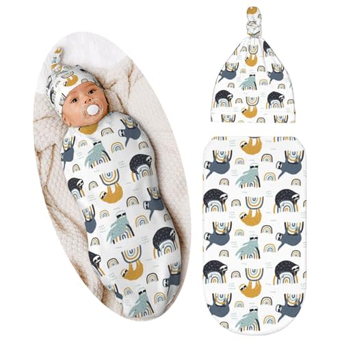 Sloth Newborn Swaddle Blanket Baby Stuff Baby Swaddling Blanket with Beanie Set Soft Sleeping Sack for Unisex Girls Boys