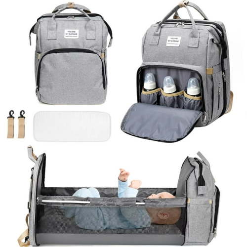 Diaper Bag Backpack, 3 in 1 Backpack with Foldable Crib & Insulated Milk Bottle Pocket, Baby Nappy Changing Travel Bag for Moms Dads - Gray