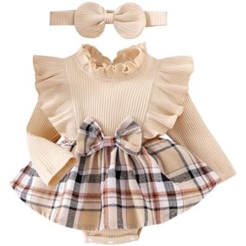 Baby Girl Clothes Cute Plaid Romper Dress Ruffle Long Sleeve One-piece Jumpsuit Bodysuit with Bow Headband
