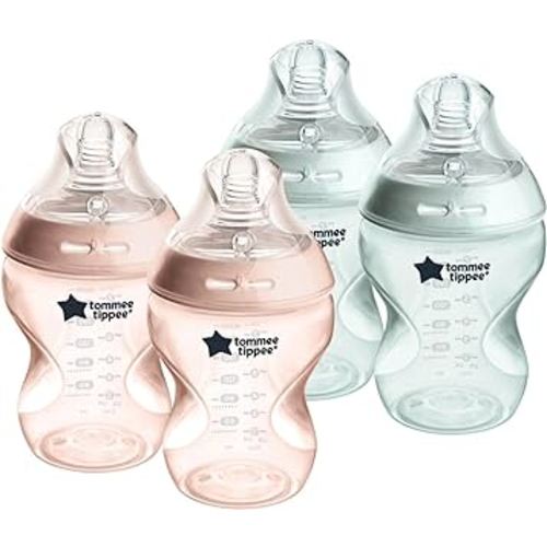 Tommee Tippee Baby Bottles, Natural Start Anti-Colic Baby Bottle with Slow Flow Breast-Like Nipple, 9oz, 0m+, Self-Sterilizing, Baby Feeding Essentials, Pink & Green, Pack of 4