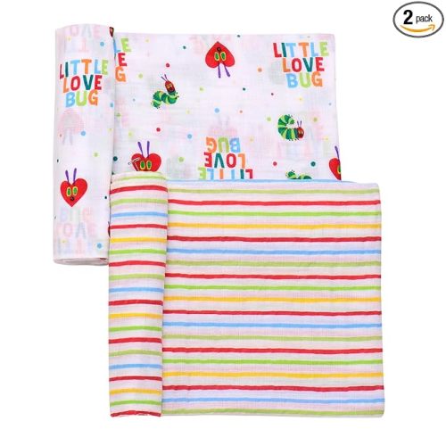 2 Pack Cotton Muslin Swaddle Blankets for Baby, 40" x 36", Lightweight, Breathable (The Very Hungry Caterpillar, Little Love Bug) Multicolored