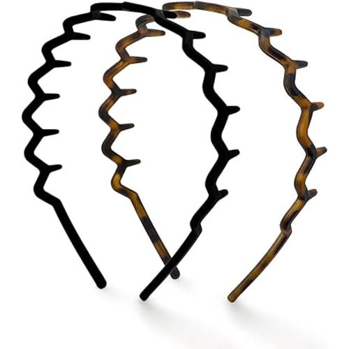 Kitsch Zig Zag Headbands, Recycled Plastic Wavy Hair Band with Teeth, Headband for Women and Men, Classic 90s Hair Accessories, 2pcs (Black and Brown)
