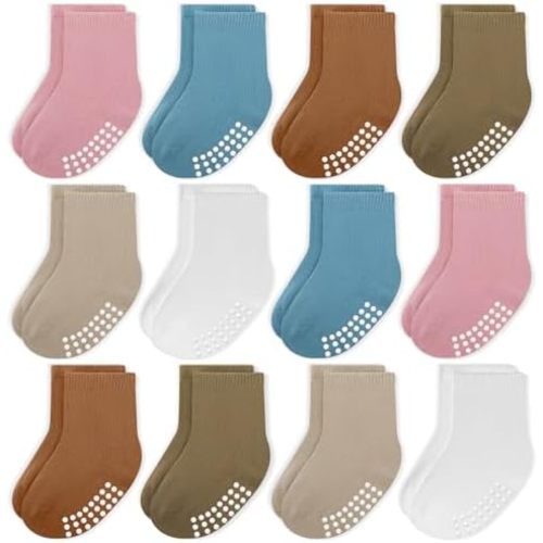 JAKIDAR 12 Pack Baby Toddler Socks Non Slip Grip Cotton Crew Socks for Boys Girls Infants Kids