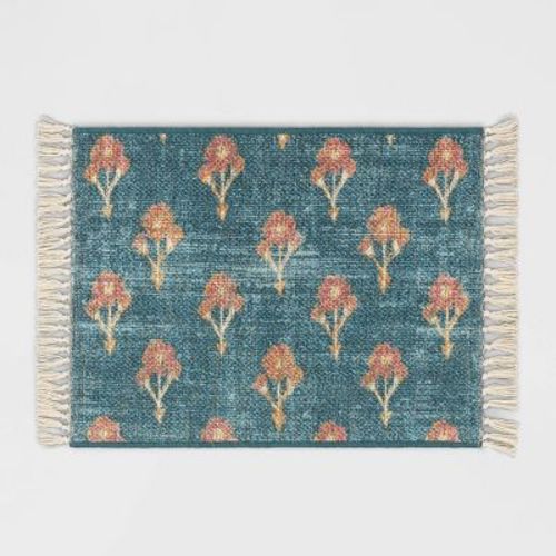 Washable Floral Block Printed Blue Rug Blue - Threshold™
