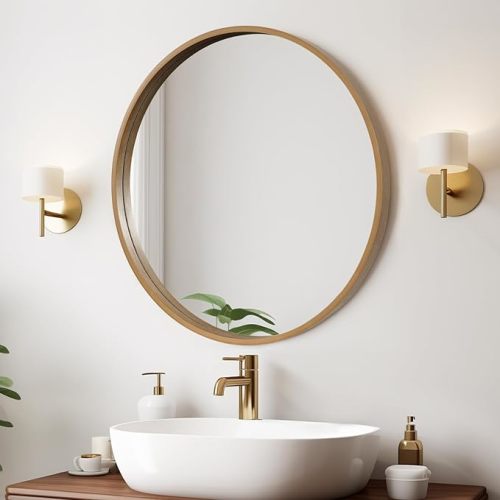 WallBeyond Round Wood Mirror 24" Circle Wall Mirror for Bathroom Round Wall Mirror for Wall Decor, Vanity, Entryway Living Room, Honey