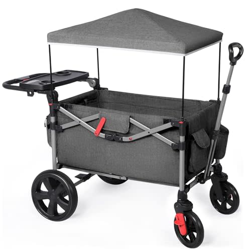 EVER ADVANCED Foldable Wagons for Two Kids & Cargo, Collapsible Folding Wagon Stroller with Adjustable Handle Bar,Removable Canopy with 5-Point Harness,Black
