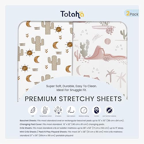 TotAha Cactus Crib Sheets (2-Pack) - Hypoallergenic, Silky Comfort, Buttery Soft, Calming Effect, All-Season Jersey-Knit Sheets, 9'' Extra Deep Pocket Baby Western Crib Sheet