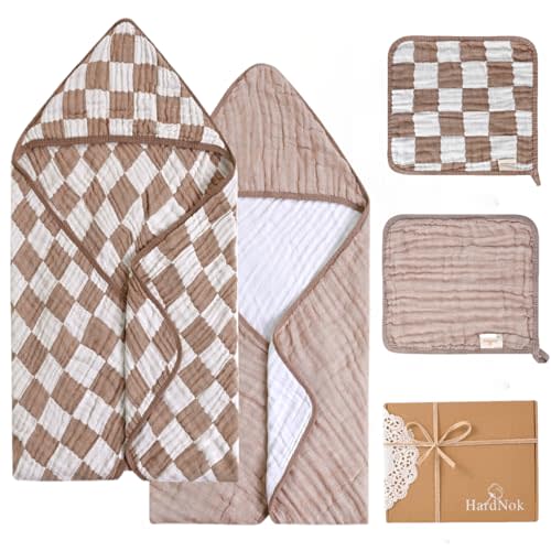 HardNok Ultra Soft Muslin Baby Towel Set 4-Piece - Muslin & Bamboo Viscose Blend, Ideal for Bath & Beach, Perfect for Baby Boys & Girls, (Coffee Checkered, 32x32 inches)