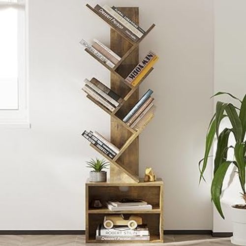 SUNMORY 6 Tier Tree Bookshelf, Small Bookcase with Storage Cabinet, Modern Tall Narrow Bookshelves Organizer, Floor Standing Book Shelf for Bedroom/Living Room/Home Office/Corner, Rustic Brown