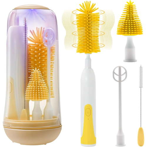 Electric Bottle Brush Cleaner, Portable Electric Baby Bottle Brush for Travel, Waterproof Electric Bottle Cleaner Set with Nipple & Straw Brush, Baby Bottle Brush Electric with Drying Rack, Yellow