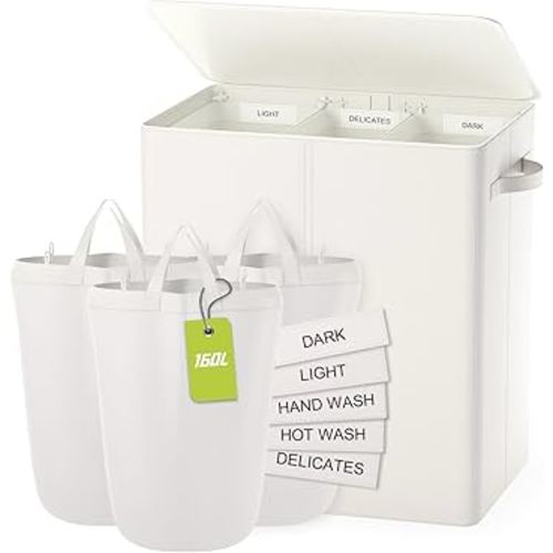 160L Laundry Hamper 3 Section, Dirty Clothes Hamper with Lid for Laundry, Large Laundry Basket with Removable Bags & Labels for Sorting, Hamper 3 Compartment for Laundry Room, Bedroom, Beige