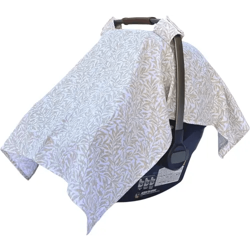 100% Organic Muslin Baby Car Seat Cover Muslin Carseat Canopy Baby Car Seat Covers for Girls (Beige Leaves)