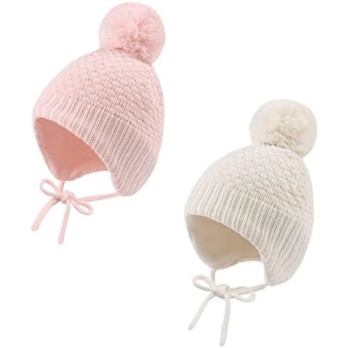 Baby Girl Winter Hats Fleece Lined Infant Beanie Hat for Boys Knitted Kids Earflap Beanis with Pompom 0-8 Years