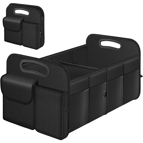 Trunk Organizer, Collapsible Waterproof car Trunk Organizer for SUVs & Sedans, Car Storage Organizers with Reinforced Handles, Car Accessories for Women and Men, 2 Compartments, 52L, Black