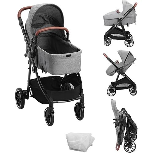 VEVOR Standard Baby Stroller, Infant Toddler Stroller with Bassinet, 3rd-Gear Adjustable Backrest & Foldable & Reversible Seat, Carbon Steel Newborn Stroller with Leg Cover and Mesh Net, Black