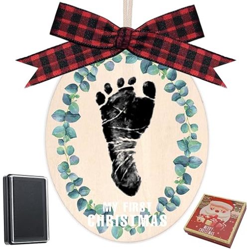 Baby's My First Christmas Handprint or Footprint Christmas Print Ornament,Christmas Tree Decoration Keepsake with Clean Touch Ink Pads and Bows,Nursery Decorative Ornaments (Print1)