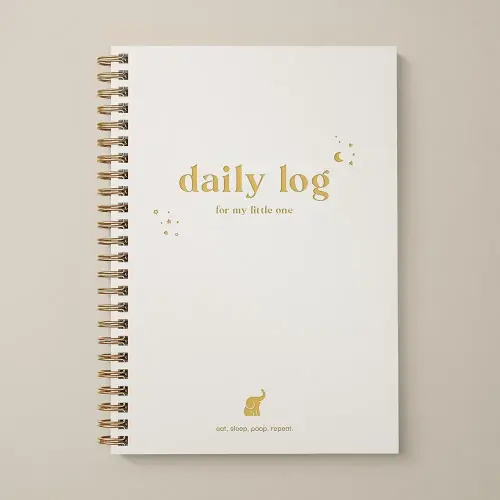 Baby Daily Log Book, Track and Monitor Newborn Nursing, Sleep, Diaper and Milestones. Gift for new Parents, Grandparents, Babyshower, Nanny or Daycare - Hardcover leather A5 (Beige/Gold)