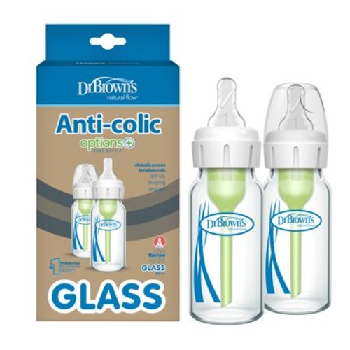 Dr. Brown's Anti-Colic Options+ Narrow Glass Baby Bottle, 4 oz/120 ml, Slow Flow Nipple, BPA Free, 0m+, 2 Pack