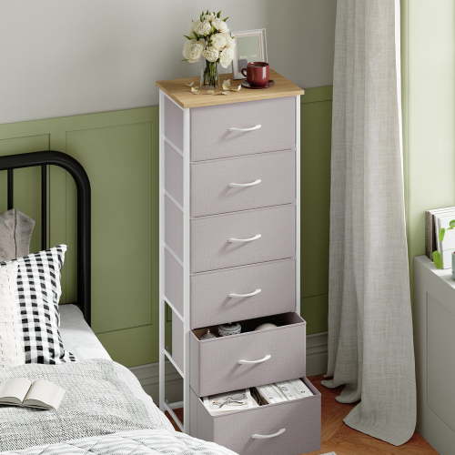 Eunos 6 Dresser with Fabric Chest of Drawers, Tall Nightstand for Bedroom Living Room, Ash Grey