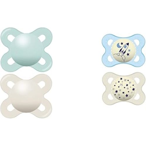 MAM Original Start Matte Newborn Baby Pacifier, Best Pacifier for Breastfed Babies, Sterilizer Case & Night Pacifiers 0-6 Months, Best for Breastfed Babies, Glow in The Dark, Baby Boy, 2 Count