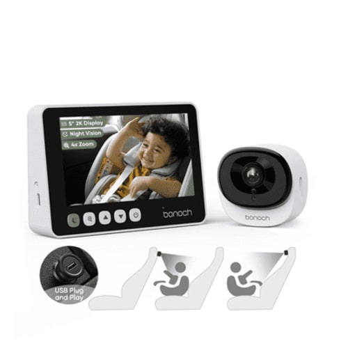 2K Baby Car Camera with Full Crystal Night Vision, 5 Inch Baby Car Montior for Back Seat Rear Facing
