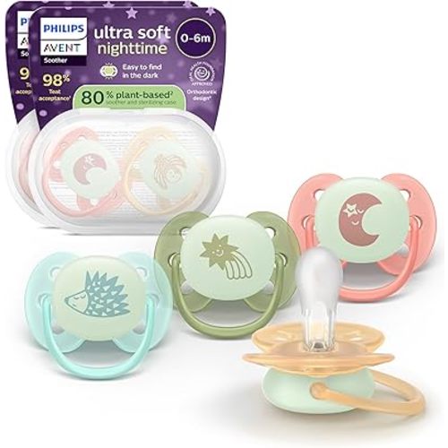 Philips Avent Ultra Soft Nighttime Pacifiers - for Babies 0-6 Months, Glow in the Dark, Flexible Shield, Symmetrical Silicone Nipple, BPA-Free, Sterilizing Cases, 4 Pack, SCF094/07