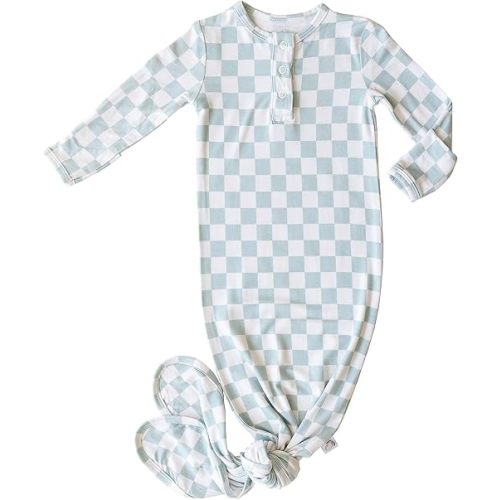 Checkered Knotted Gown Baby Newborn, Viscose derived from Bamboo, Infant Sleeper with Mittens, Baby Girl, Baby Boy