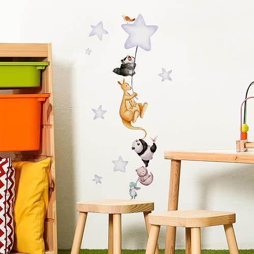 Animal Stars Wall Decals，Cute Cartoon Animal Wall Stickers，Animal Stars Peel and Stick Wall Art Decals，for Kids Baby Boy Girl Nursery Bedroom Playroom Toddler Room Art Decorations