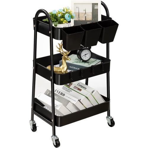 danpinera 3-Tier Rolling Cart, Metal Rolling Storage Cart with Lockable Wheels & Hanging Cups & Hooks, Mobile Trolley Cart for Kitchen, Bathroom, Office, Workshop, Black