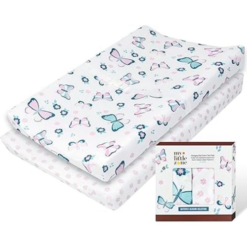 100% Cotton Changing Pad Cover for Baby Girls, Floral - Breathable Bassinet, Mini Crib Mattress Fitted Sheets - Butterfly Blossom, 32"x16" with 8" Deep Pocket, White-Light Pink, 2 Pack