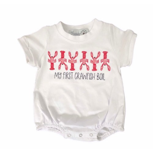 Embroidered “My first crawfish boil” bubble romper