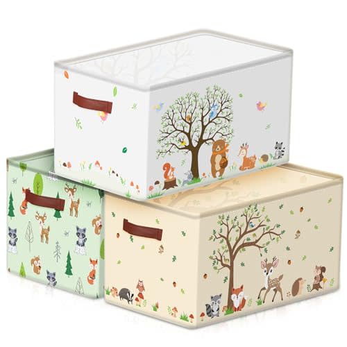 Boao 3 Pack Woodland Animals Storage Bin Collapsible Large Forest Animals Storage Baskets for Gifts Empty Bear Nursery Decor Canvas Laundry Basket Foldable Storage Box with Handle for Home Bedroom