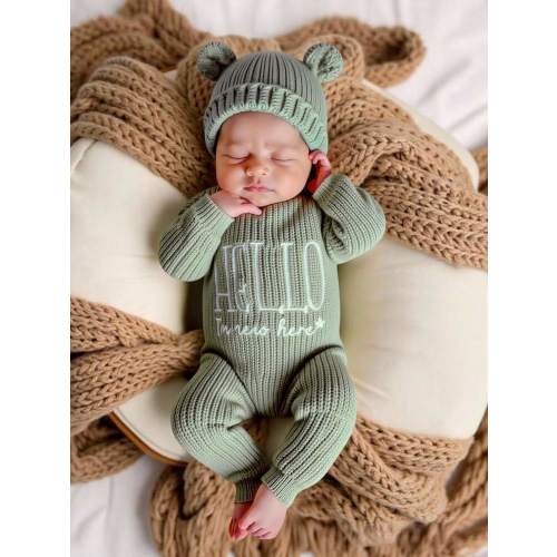 SHEIN 2Pcs Set "Hello World" Baby Arrival Announcement Outfit Knitted Newborn Boy Girl Jumpsuit With Bear Hat Newborn Photography Outfit Neutral Baby Clothes Shower Gift | SHEIN USA