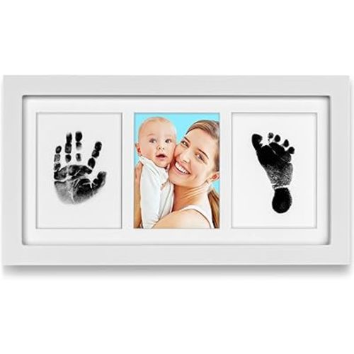 Baby Handprint and Footprint Kit(Safe Clean-Touch Ink Pad for Prints), Picture Frame in Elegant White Natural Wood, Baby Keepsake Frame, Baby Shower Gifts, Non-Toxic, Baby Safe(White)