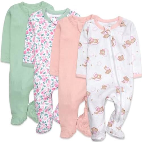 Baby Essentials Girls 4 Pack Patterned and Solid Footie Newborn Outfits